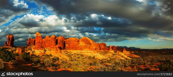 Scenic view at the Arches National Park, Utah, USA in the evening light