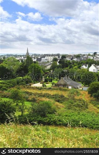Scenic view from a hilltop on town of Carnac, South Brittany, France