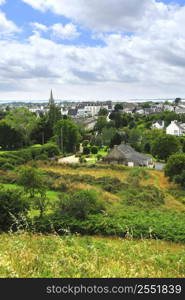 Scenic view from a hilltop on town of Carnac, South Brittany, France