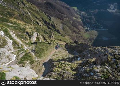 Scenic view of a cableway in mountain landscape at Picos de Europa, cantabria, Spain.