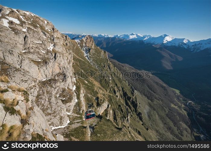 Scenic view of a cableway in mountain landscape at Picos de Europa, cantabria, Spain.