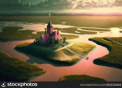 Scenic view of a fantasy island with pink church in the lake landscape. Generated AI. Scenic view of a fantasy island with pink church in the lake landscape. Generated AI.