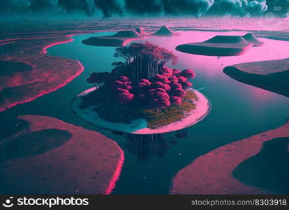 Scenic view of a fantasy island with trees in the center of lake. Generated AI. Scenic view of a fantasy island with trees in the center of lake. Generated AI.