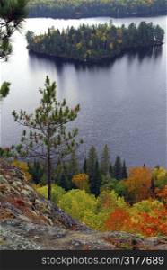 Scenic view of a lake and islands in Algonquin provincial park Ontario Canada from hill top