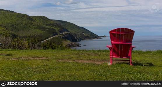 Scenic view of an adirondack chair at coast, Petit Etang, Cape Breton Highlands National Park, Cape Breton Island, Nova Scotia, Canada