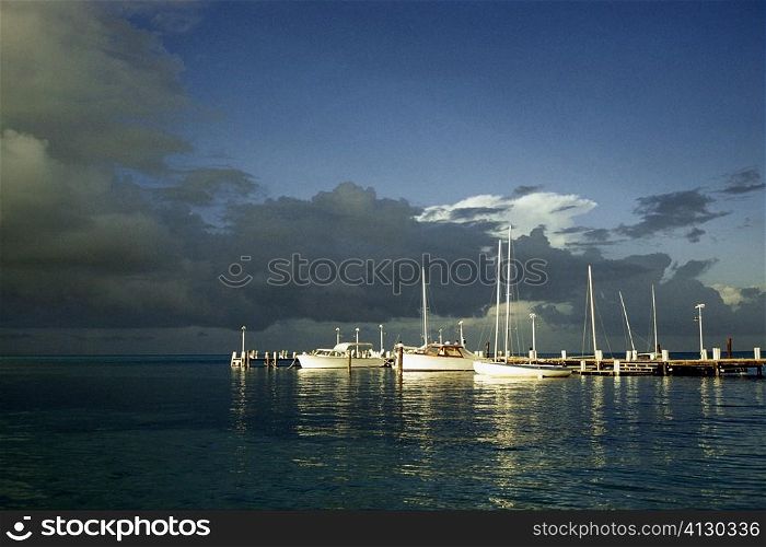 Scenic view of boats anchored to a marina at sunset, Grand Bahamas, Bahamas