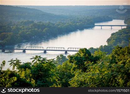 Scenic view of Delaware river bridges from Goat Hill Overlook in summer. Scenic view of Delaware river bridges from Goat Hill Overlook