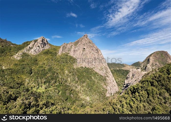 Scenic view of forest and mountains lanscape in La gomera, Canary islands, Spain.