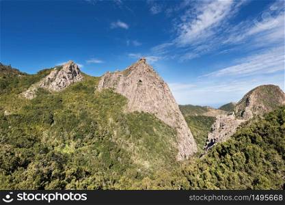 Scenic view of forest and mountains lanscape in La gomera, Canary islands, Spain.