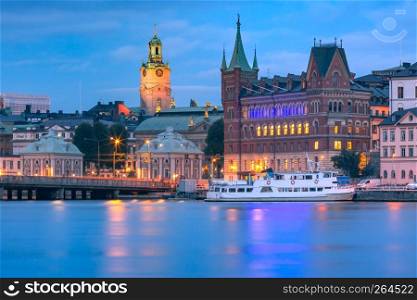Scenic view of Gamla Stan with Stockholm Cathedral, in the Old Town in Stockholm at night, capital of Sweden. Gamla Stan in Stockholm, Sweden