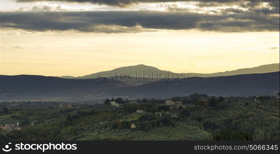 Scenic view of houses on rural landscape at sunset, Siena, Tuscany, Italy