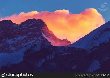 Scenic view of Kanchenjunga peak at sunset , Himalayas, Nepal.