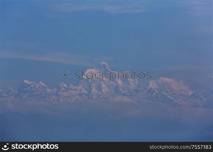 Scenic view of Kanchenjunga peak at sunset, Himalayas, Nepal.