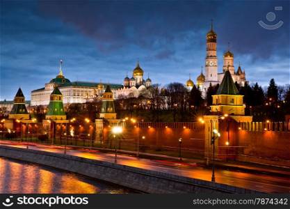 Scenic view of Kremlin illuminated at night with Moskva river, Moscow, Russia