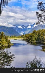 Scenic view of Lake Matheson in New Zealand in summertime