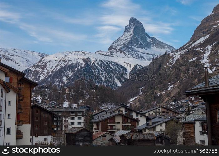 Scenic view of Matterhorn peak and city of Zermatt, Switzerland