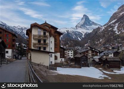 Scenic view of Matterhorn peak and city of Zermatt, Switzerland