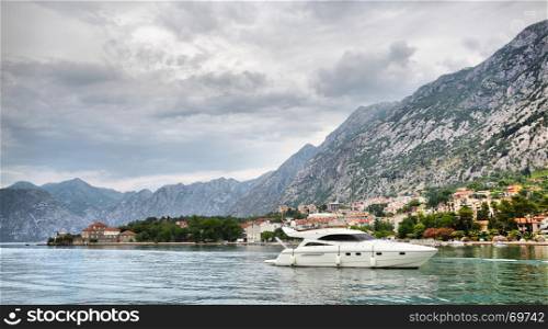 Scenic view of mountains and Bay in Montenegro. Water landscape
