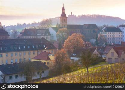 Scenic view of Old town of Bamberg, with church and vineyard at sunset, Bavaria, Upper Franconia, southern Germany. Old Town of Bamberg, Bavaria, Germany