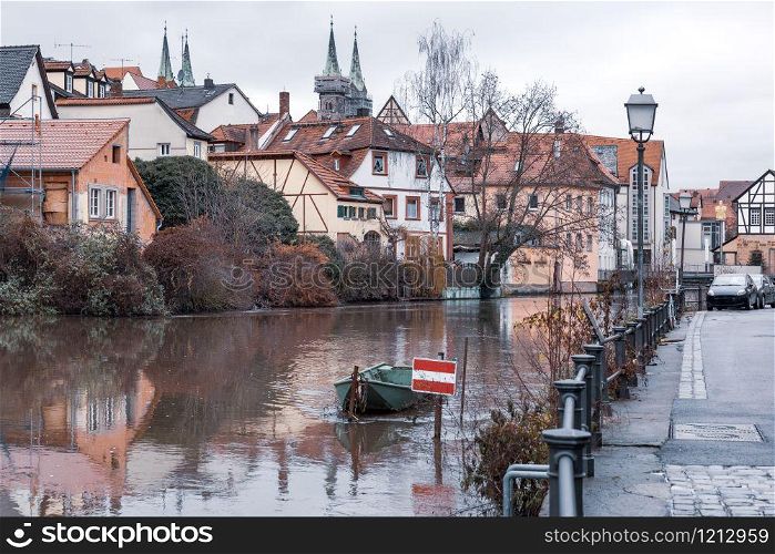 Scenic view of Old town over the Regnitz river in winter day in Bamberg, Bavaria, Upper Franconia, Germany. Old Town of Bamberg, Bavaria, Germany