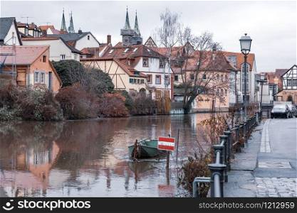 Scenic view of Old town over the Regnitz river in winter day in Bamberg, Bavaria, Upper Franconia, Germany. Old Town of Bamberg, Bavaria, Germany