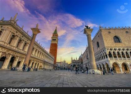 Scenic view of Piazza San Marco and Palazzo Ducale in Venice at sunrise, Italy