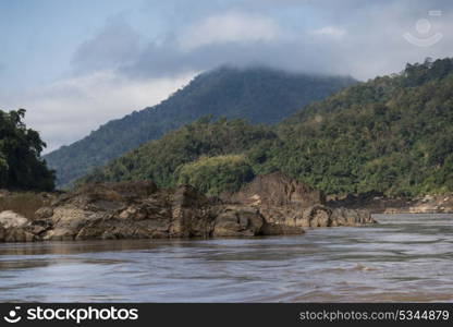 Scenic view of river flowing through mountains, River Mekong, Oudomxay Province, Laos