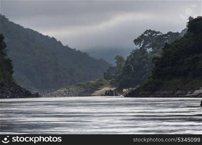 Scenic view of river flowing through mountains, River Mekong, Oudomxay Province, Laos