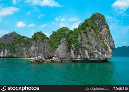 Scenic view of sea and rock islands, Halong Bay, Vietnam, Southeast Asia