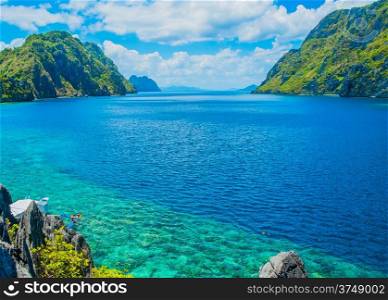 Scenic view of sea bay and mountain islands, Palawan, Philippines