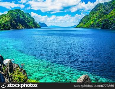 Scenic view of sea bay and mountain islands, Palawan, Philippines
