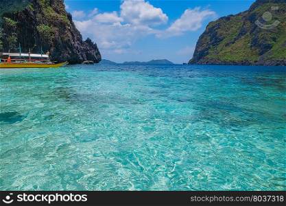 Scenic view of sea bay, blue lagoon and mountain islands, Palawan, Philippines
