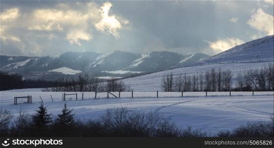 Scenic view of snow covered landscape, Turner Valley, Cowboy Trail, Millarville, Alberta, Canada