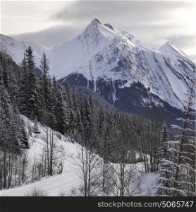 Scenic view of snowcapped mountain range, Improvement District No. 12, Maligne Lake, Jasper, Jasper National Park, Alberta, Canada