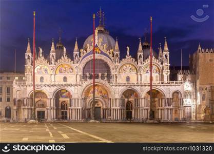 Scenic view of St. Mark&rsquo;s Cathedral in night illumination at dawn. Venice. Italy.. Venice. St. Mark&rsquo;s Cathedral at sunrise.