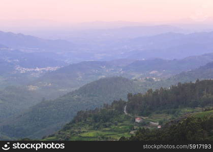 scenic view of sunset mountains at Peneda-Geres National Park in northern Portugal.. Peneda-Geres National Park