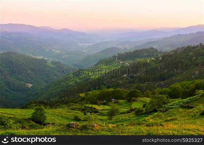 scenic view of sunset mountains at Peneda-Geres National Park in northern Portugal.. Peneda-Geres National Park