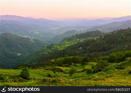 scenic view of sunset mountains at Peneda-Geres National Park in northern Portugal.. Peneda-Geres National Park