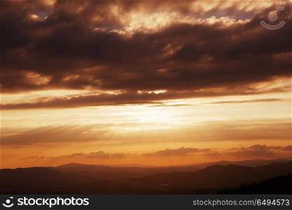 scenic view of sunset mountains at Peneda Geres National Park in northern Portugal.. sunset
