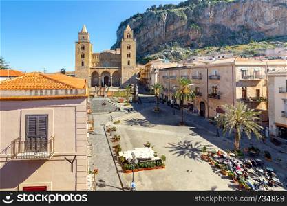 Scenic view of the Cathedral in Sefalu on a sunny day. Italy. Sicily. Cefalu.. Cefalu. Old fishing Sicilian village by the sea.