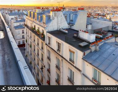 Scenic view of the city at dawn from the Montmartre hill. Paris, France.. Paris. Aerial view of the city at sunrise.