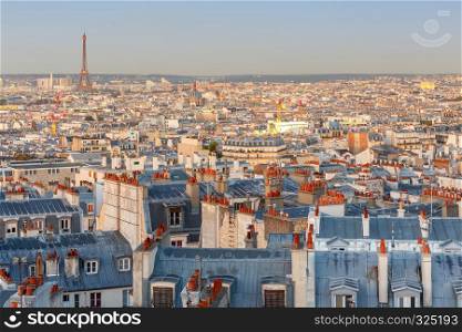 Scenic view of the city at dawn from the Montmartre hill. Paris, France.. Paris. Aerial view of the city at sunrise.