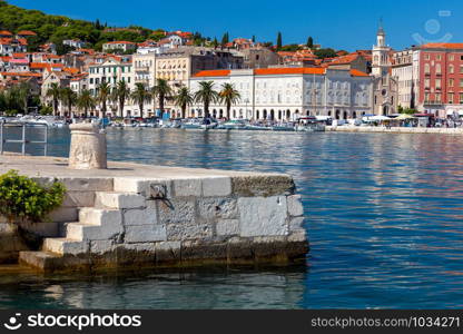 Scenic view of the city promenade and harbor on a sunny day. Split Croatia.. Split. City embankment on a sunny day.