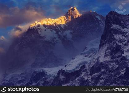 Scenic view of the famous rocky Jannu peak in Kanchenjunga Region, Himalayas, Nepal.