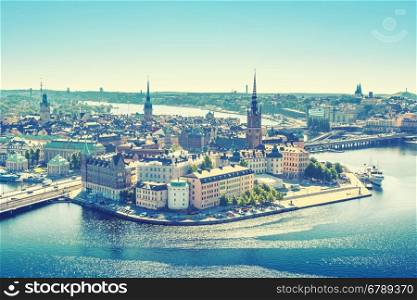 Scenic view of the Old Town or Gamla Stan in Stockholm, Sweden, vintage style effect