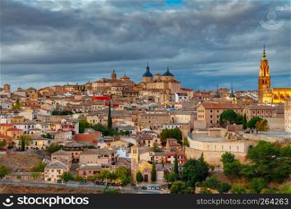 Scenic view of Toledo from the height at sunset. Spain.. Toledo. Aerial view of the city.