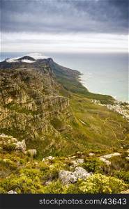 Scenic view of Twelve Apostles and coastline from Table Mountain in Cape Town, South Africa