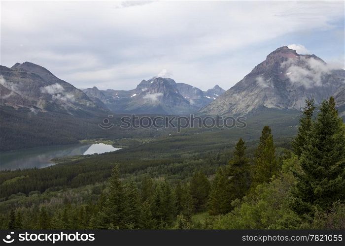 Scenic view of Two Medicine Lake and some of the nearby mountains in Glacier National Park.
