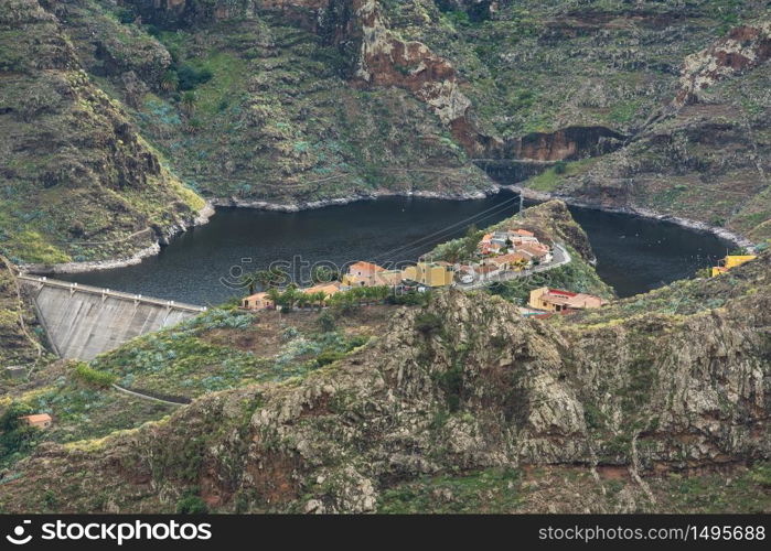 Scenic view of Vallehermoso dam in la Gomera, Canary islands, Spain.