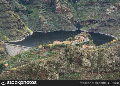 Scenic view of Vallehermoso dam in la Gomera, Canary islands, Spain.